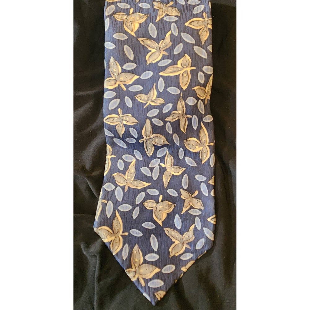 Jimmy Z Silk Necktie Mens OS Blue Gold Leaf Print Excellent Vintage Willis Reed